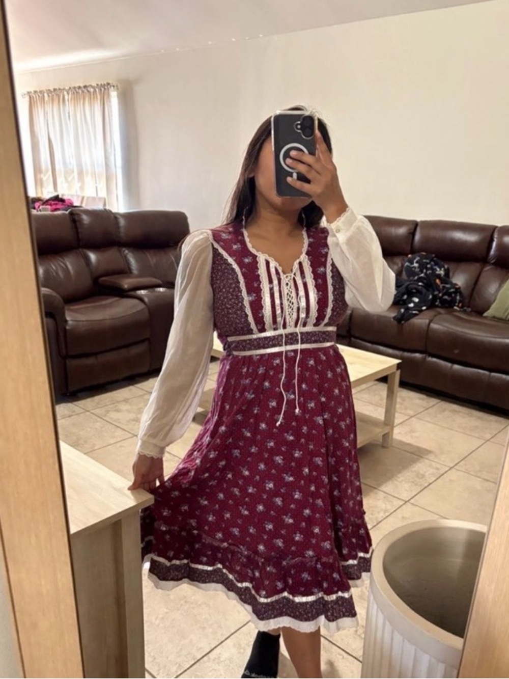 gunne sax 70s vintage maroon floral prairie long sleeve dress - Picture 5 of 8